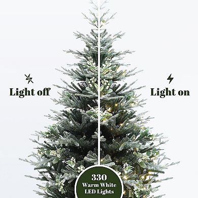 LuxenHome 7Ft Pre-Lit Green Artificial Fir Christmas Tree with Mistletoe Decorations and Metal Stand