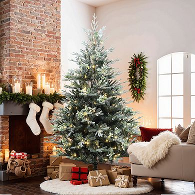 LuxenHome 7Ft Pre-Lit Green Artificial Fir Christmas Tree with Mistletoe Decorations and Metal Stand