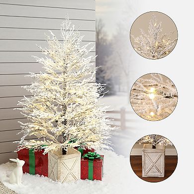 LuxenHome 5Ft Pre-Lit Snowy Artificial Christmas Tree with Warm White Lights in Rustic MgO Crate
