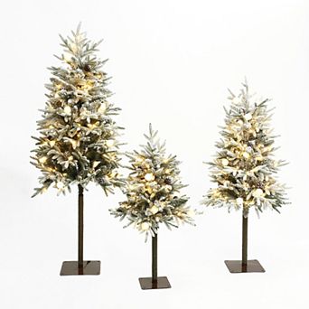 LuxenHome 3 pc Pre-Lit Snowy Branches Artificial Christmas Tree Set with Metal Base