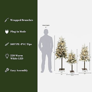 LuxenHome 3-Piece Pre-Lit Snowy Branches Artificial Christmas Tree Set with Metal Base