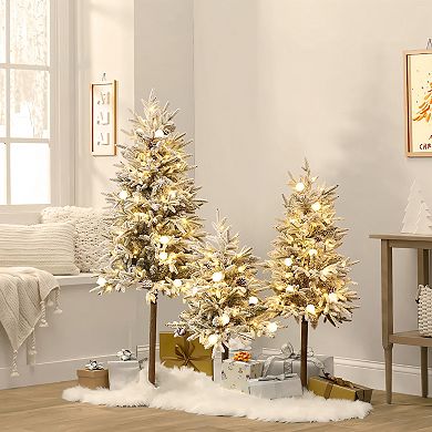 LuxenHome 3-Piece Pre-Lit Snowy Branches Artificial Christmas Tree Set with Metal Base