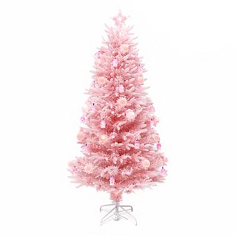 LuxenHome 6Ft Pink Cherry Blossom Christmas Tree with Fiber Optic Lights & Snowman Star Topper
