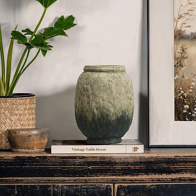LuxenHome Old-World Brown with Green Bottom 10-Inch Tall Round Terracotta Vase
