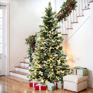 LuxenHome 6Ft Pre-Lit Snow-Flocked Green Branches Artificial Pine Christmas Tree with Metal Stand