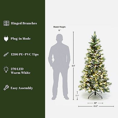 LuxenHome 6Ft Pre-Lit Snow-Flocked Green Branches Artificial Pine Christmas Tree with Metal Stand