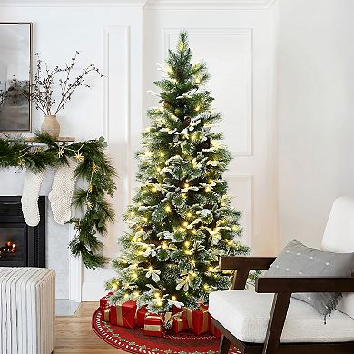 LuxenHome 6Ft Pre-Lit Snow-Flocked Green Branches Artificial Pine Christmas Tree with Metal Stand
