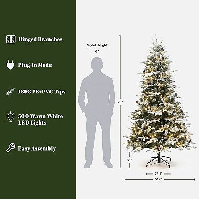 LuxenHome 7.5Ft Pre-Lit Lightly Flocked Artificial Christmas Tree with Pinecones and Metal Stand