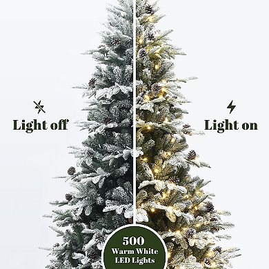 LuxenHome 7.5Ft Pre-Lit Lightly Flocked Artificial Christmas Tree with Pinecones and Metal Stand