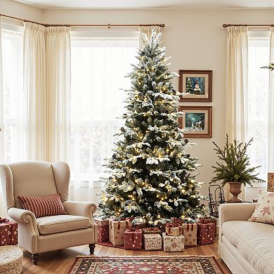 LuxenHome 7.5Ft Pre-Lit Lightly Flocked Artificial Christmas Tree with Pinecones and Metal Stand
