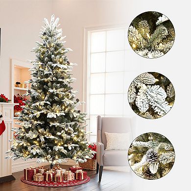 LuxenHome 7.5Ft Pre-Lit Lightly Flocked Artificial Christmas Tree with Pinecones and Metal Stand