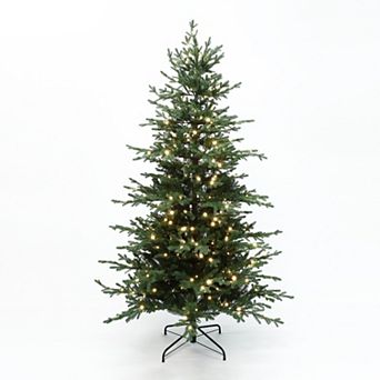 LuxenHome 7Ft Pre-Lit Artificial Fir Christmas Tree, Green Branches with Warm Lights & Metal Stand