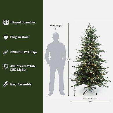 LuxenHome 7Ft Pre-Lit Artificial Fir Christmas Tree, Green Branches with Warm Lights & Metal Stand