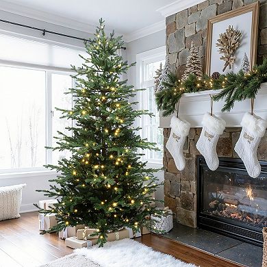 LuxenHome 7Ft Pre-Lit Artificial Fir Christmas Tree, Green Branches with Warm Lights & Metal Stand