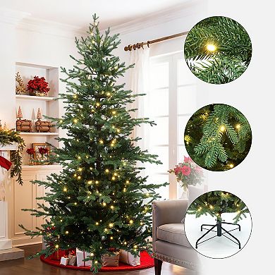 LuxenHome 7Ft Pre-Lit Artificial Fir Christmas Tree, Green Branches with Warm Lights & Metal Stand