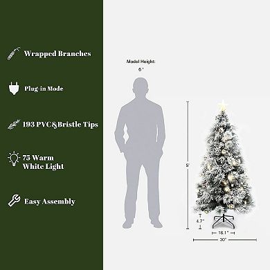 LuxenHome 5Ft Pre-Lit Pine Needle Mixed Fiber Optic Artificial Christmas Tree with Star Topper