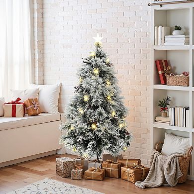 LuxenHome 5Ft Pre-Lit Pine Needle Mixed Fiber Optic Artificial Christmas Tree with Star Topper