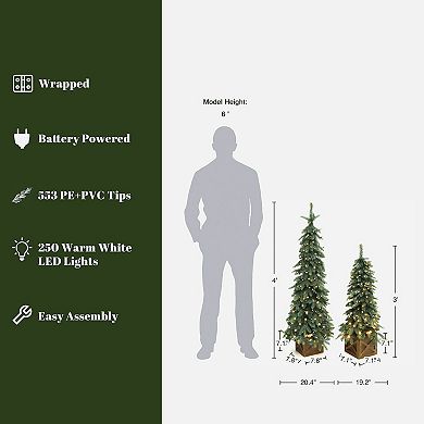 LuxenHome 2-Piece Green Downswept Branches Potted Christmas Tree Set with Battery-Operated Lights