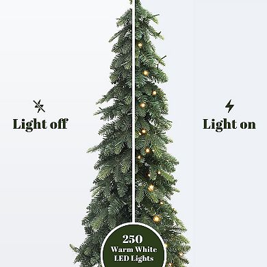 LuxenHome 2-Piece Green Downswept Branches Potted Christmas Tree Set with Battery-Operated Lights
