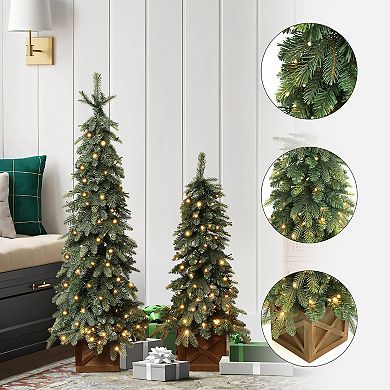 LuxenHome 2-Piece Green Downswept Branches Potted Christmas Tree Set with Battery-Operated Lights