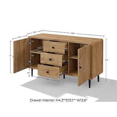 LuxenHome Oak Manufactured Wood 48.8-Inch Wide 2-Door 3-Drawer Buffet Cabinet