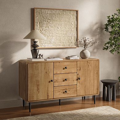 LuxenHome Oak Manufactured Wood 48.8-Inch Wide 2-Door 3-Drawer Buffet Cabinet