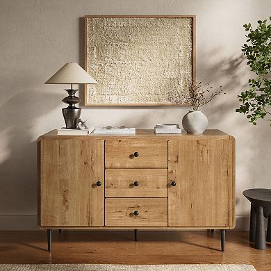 LuxenHome Oak Manufactured Wood 48.8-Inch Wide 2-Door 3-Drawer Buffet Cabinet