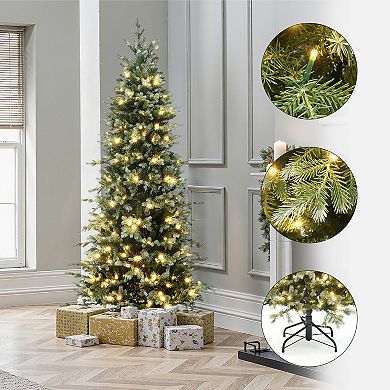LuxenHome 6.5Ft Pre-Lit Green PE/PVC Artificial Pine Christmas Tree with Metal Stand