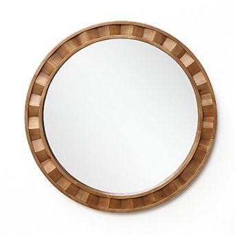 LuxenHome Natural Wood Frame Round Wall Mirror, 28” Rustic Wooden Decor