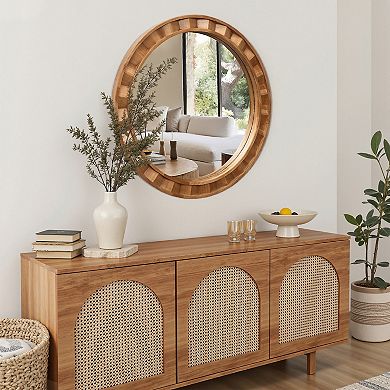 LuxenHome Natural Wood Frame Round Wall Mirror, 28” Rustic Wooden Decor