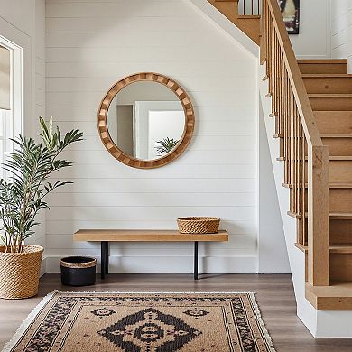 LuxenHome Natural Wood Frame Round Wall Mirror, 28” Rustic Wooden Decor