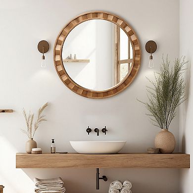 LuxenHome Natural Wood Frame Round Wall Mirror, 28” Rustic Wooden Decor
