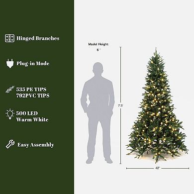 LuxenHome 7.5Ft Pre-Lit Green Slender Artificial Fir Christmas Tree with Metal Stand