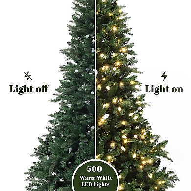 LuxenHome 7.5Ft Pre-Lit Green Slender Artificial Fir Christmas Tree with Metal Stand