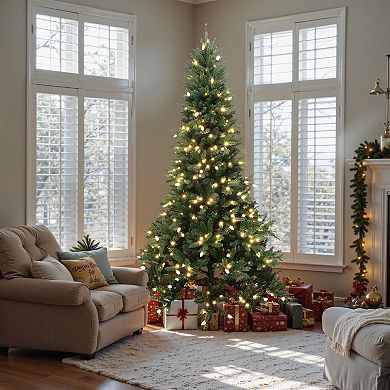 LuxenHome 7.5Ft Pre-Lit Green Slender Artificial Fir Christmas Tree with Metal Stand