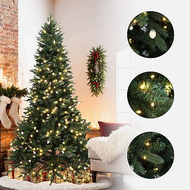 LuxenHome 7.5Ft Pre-Lit Green Slender Artificial Fir Christmas Tree with Metal Stand