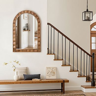 LuxenHome Natural Wood Frame Arch Rectangle Wall Mirror, 30.4” Tall Rustic Home Decor