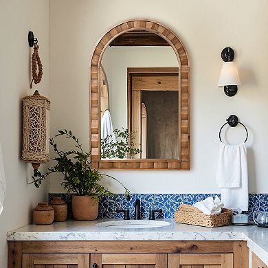 LuxenHome Natural Wood Frame Arch Rectangle Wall Mirror, 30.4” Tall Rustic Home Decor