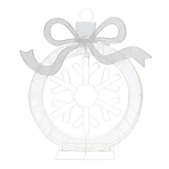 LuxenHome 3Ft Lighted Ornament & Snowflake Wreath, Silver & White Outdoor Christmas Decoration
