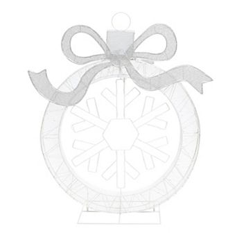 LuxenHome 3Ft Lighted Ornament & Snowflake Wreath, Silver & White Outdoor Christmas Decoration