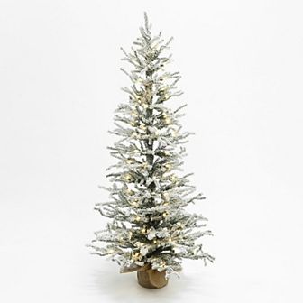 LuxenHome 4Ft Pre-Lit Snow-Flocked Artificial Christmas Tree with Warm White Lights & Burlap Base