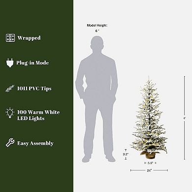 LuxenHome 4Ft Pre-Lit Snow-Flocked Artificial Christmas Tree with Warm White Lights & Burlap Base