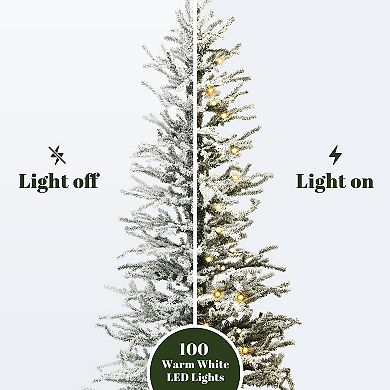 LuxenHome 4Ft Pre-Lit Snow-Flocked Artificial Christmas Tree with Warm White Lights & Burlap Base