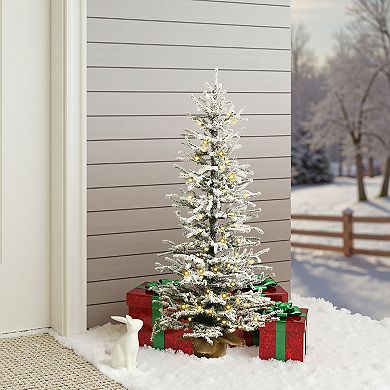 LuxenHome 4Ft Pre-Lit Snow-Flocked Artificial Christmas Tree with Warm White Lights & Burlap Base