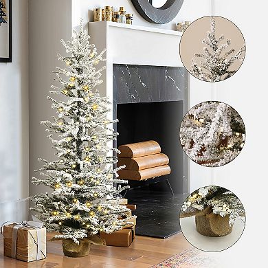 LuxenHome 4Ft Pre-Lit Snow-Flocked Artificial Christmas Tree with Warm White Lights & Burlap Base