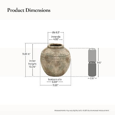 LuxenHome Weathered Terracotta Finish with Textured Ridges 11.8" Round Vase, Farmhouse Decor