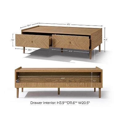 LuxenHome Summer Oak Manufactured Wood 2-Drawer 47" W x 23.4" D Coffee Table