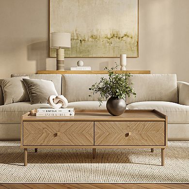 LuxenHome Summer Oak Manufactured Wood 2-Drawer 47" W x 23.4" D Coffee Table