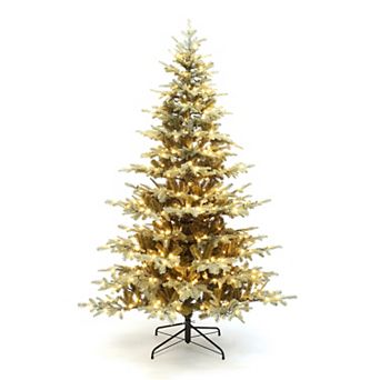 LuxenHome 7Ft Pre-Lit Artificial Gold Mixed Artificial Christmas Tree with Glitter Decor and Stand