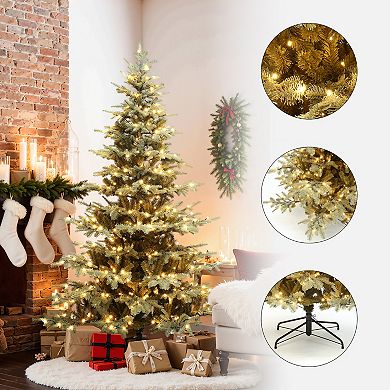 LuxenHome 7Ft Pre-Lit Artificial Gold Mixed Artificial Christmas Tree with Glitter Decor and Stand